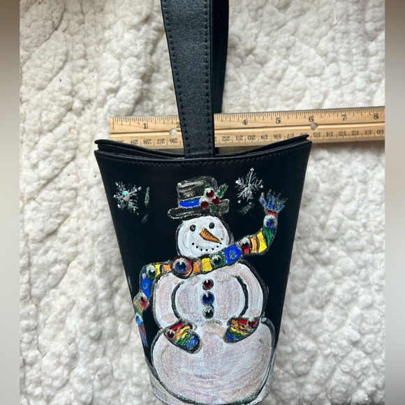 NEW Old Stock Artisan Signed Hand-painted Snowman Winter Bag Purse Black Satin - Picture 7 of 8